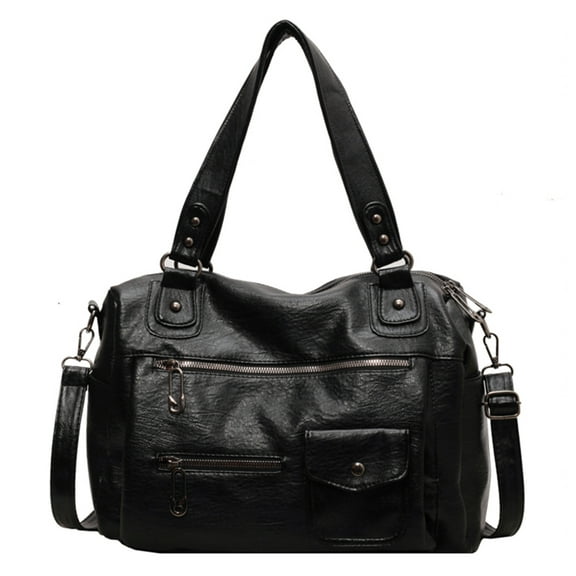 Women Casual Satchel Bag Adjustable Strap PU Leather Shopping Bag (Black)