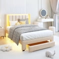 thumbnail image 2 of HSUNNS Twin Bed Frame with LED Lights and Charging Station, Twin Platform Bed Frame with Storage Drawer, Motion Sensor Night Light, Soft Fabric Headboard, No Box Spring Needed, Beige, 2 of 9
