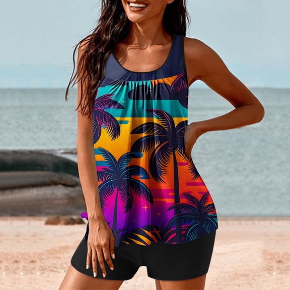 WXLWZYWL Women Two Piece Tankini Swimsuit Tummy Control Plus Size Top and High Waisted Boyshorts Bathing Suits