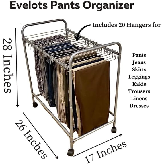 Rolling Pants Rack Trolley with 20 Hangers for Closet Storage