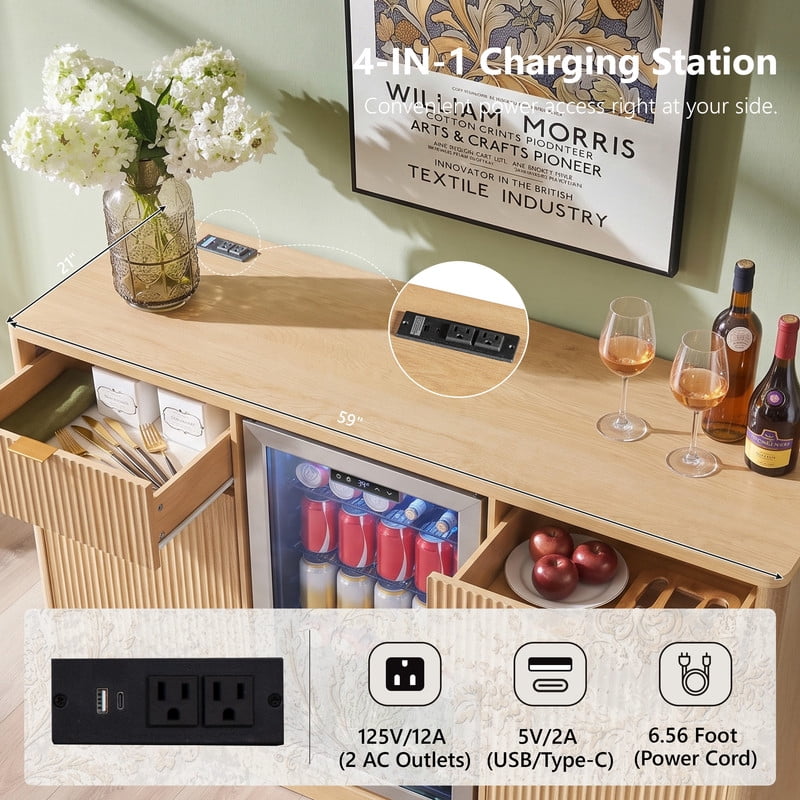 59"W Coffee Bar Storage Cabinet with Small Fridge Space, Kitchen Sideboard Buffet with Tilt-Out Trash Cabinet & Charging Station