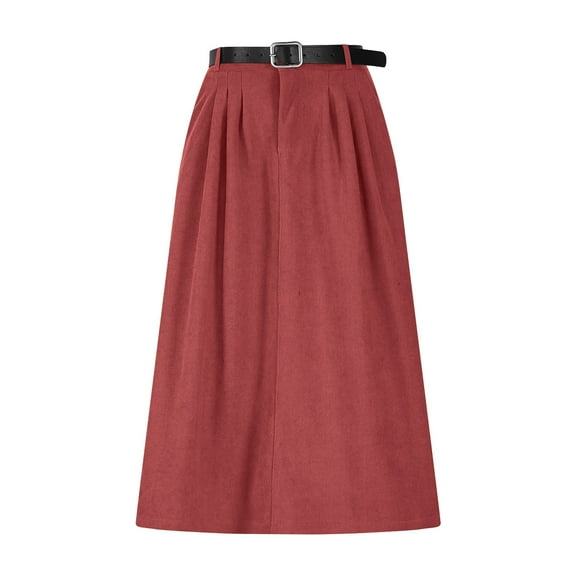 Ynynloco Corduroy Skirt for Womens Elastic High Waist Stretch A-Line Midi Skirt with Belts Solid Color Loose Fit Comfy Long Skirt