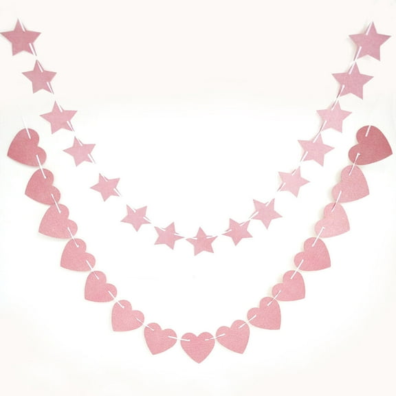 GOOHOCHY 3 Meters Sparkling Glitter Paper Heart-shaped Banner String Paper Garland Hanging Bunting Banner Decoration for Weddings or Parties Backdrop (Pink)