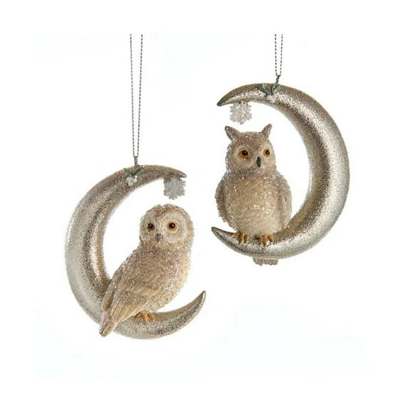 Set of 2 OWL IN CRESCENT MOON Glittered Resin Christmas Ornaments, by Kurt Adler