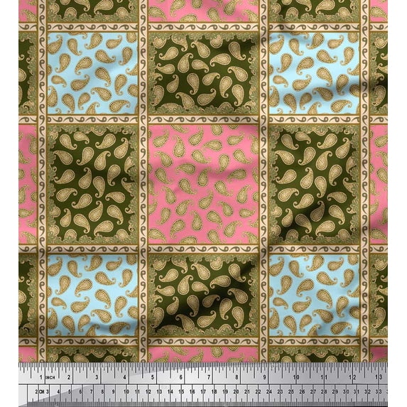 Soimoi Japan Crepe Satin Fabric Check & Paisley Patchwork Printed Fabric 1 Yard 42 Inch Wide