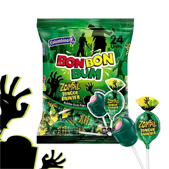 Colombina Bon Bon Bum Zombie - 24 Tongue-Painter Lollipops w/Bubble Gum Center - Pack of Individually Wrapped Strawberry Suckers -Perfect Gluten Free Halloween Candy - 14.4 oz bag (24 count)- 1 Pack