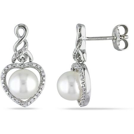 Miabella 7-7.5mm White Round Freshwater Cultured Pearl and Diamond-Accent Sterling Silver Dangle Earrings