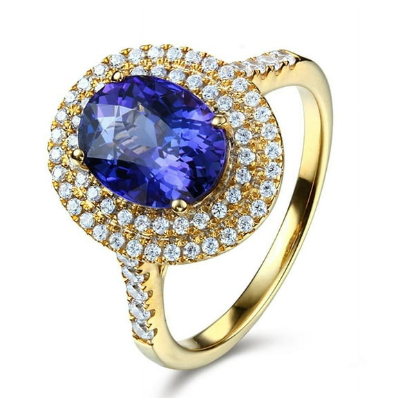Designer Double Halo 8x6mm Oval Shape 2 Carat Blue Sapphire And Moissanite Diamond Engagement Ring in 10k Yellow Gold