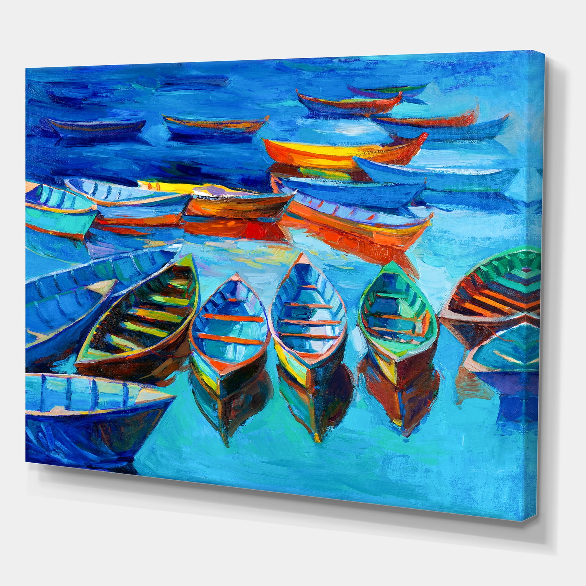 Designart ' Little Boats Wating In The Blue Harbour ' Nautical & Coastal Canvas Wall Art Print