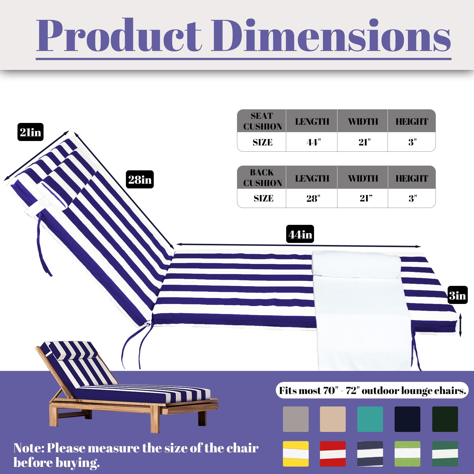SDJPOI Outdoor Chaise Lounge Cushions, 72" x 21" x 3" Thick Patio Furniture Replacement Cushions, Waterproof Lounge Chair Cushion with Headrest & Ties for Pool Beach
