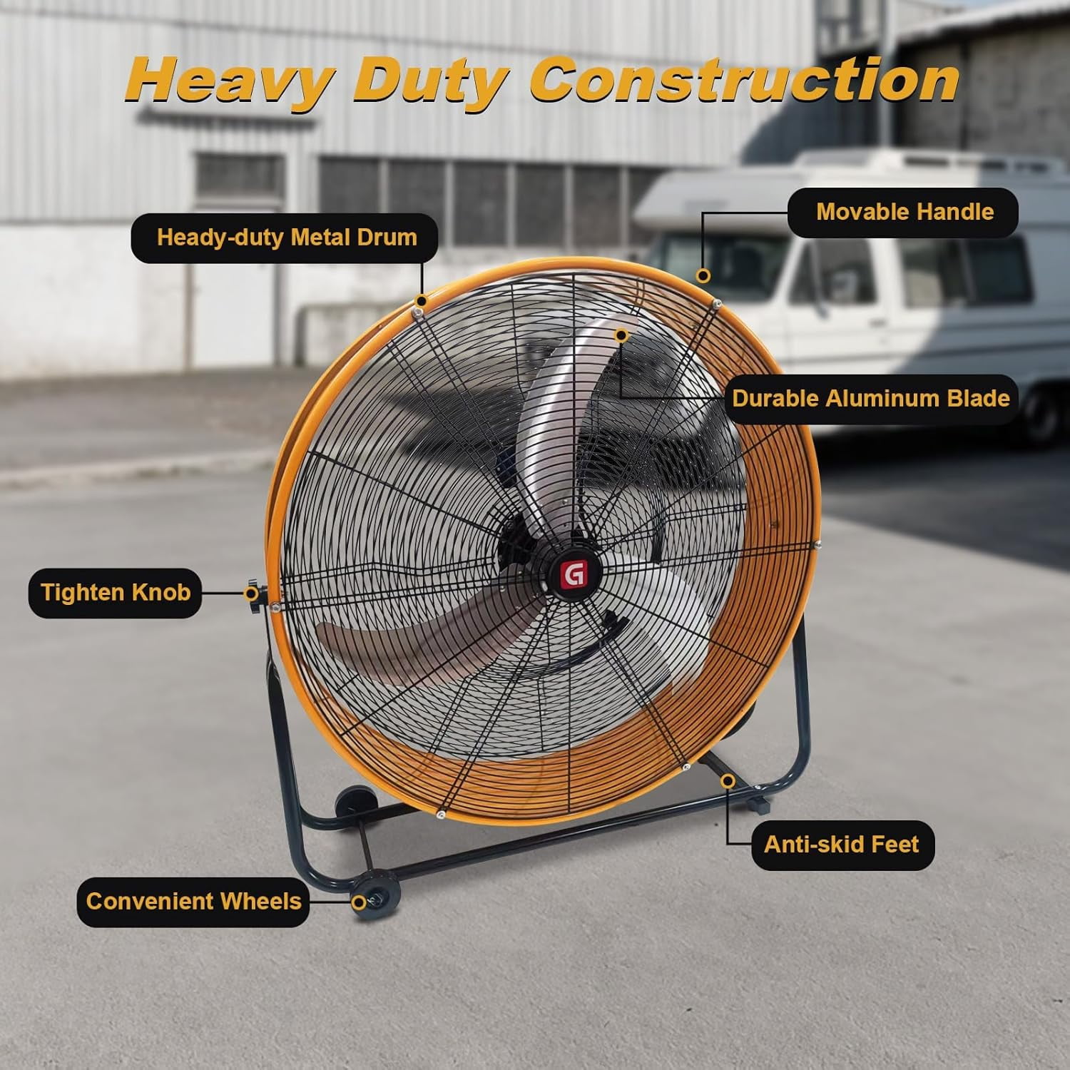 36 Inch Industrial Drum Fan,750W 18000 CFM High Velocity Floor Fan,3-Speed Heavy Duty Metal Air Circulator with 60° Adjustable Tilt for Shop,Warehouse,Workshop,Garage,Factory