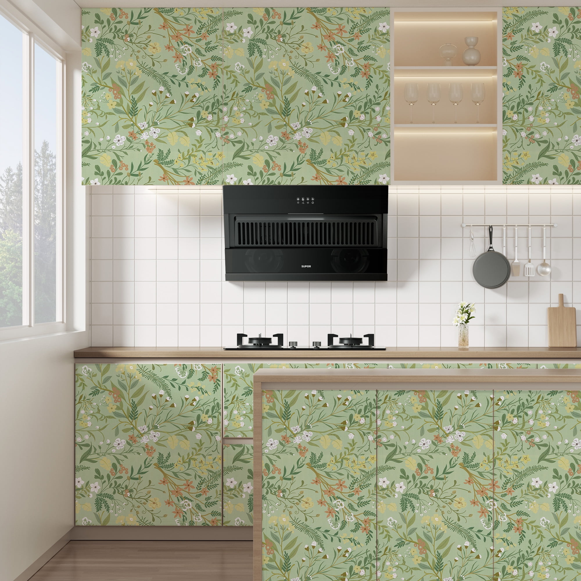 Abyssaly Green Floral Peel and Stick Wallpaper 17.3" × 393.7" Removable Self-Adhesive Green Vinyl Wallpaper for Home Decor