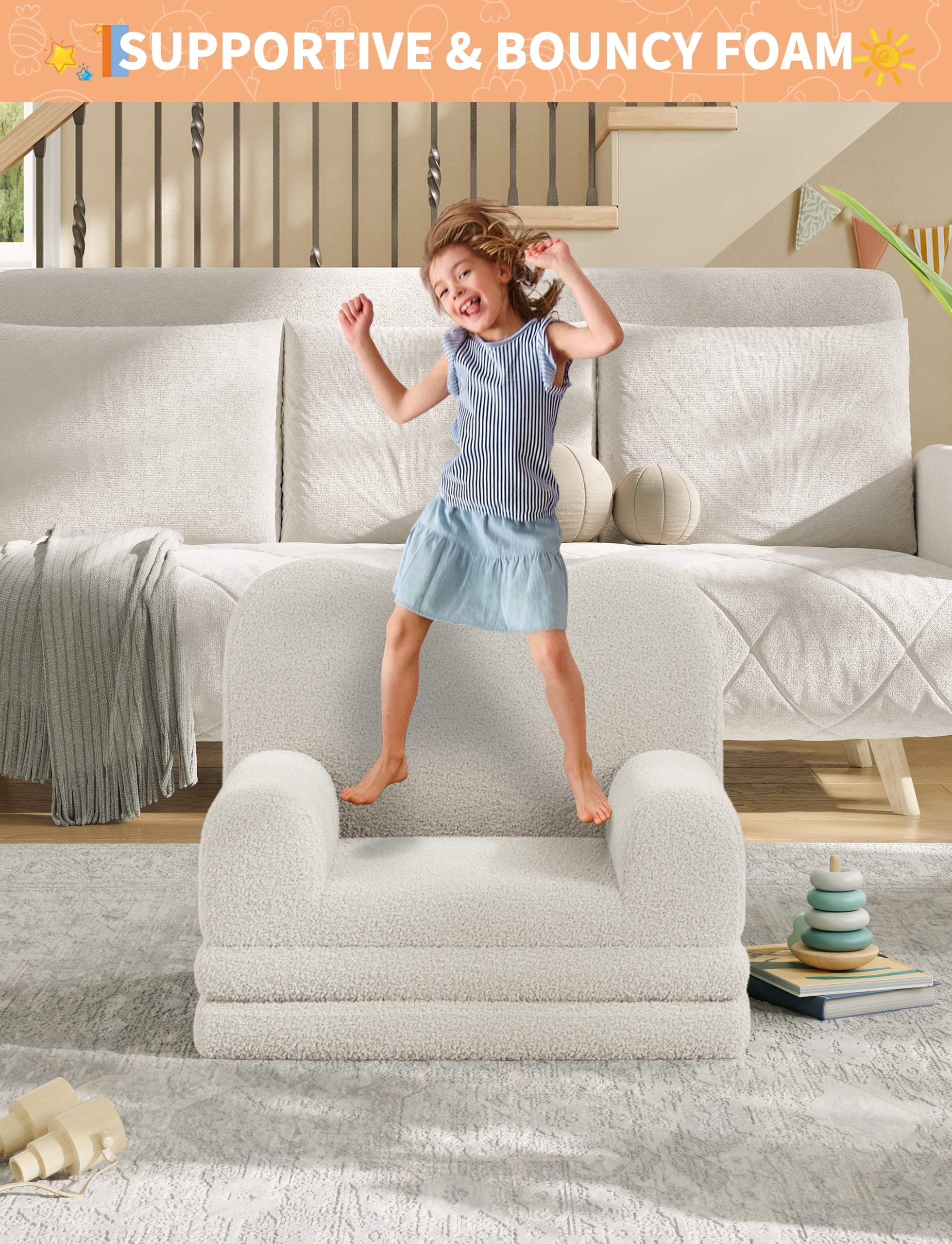 Kids Couch, 2-in-1 Convertible Teddy Fleece Fabric Toddler Sofa Chair, Soft Fold Out Couch Lounger, Comfy Children's Sofa Bed for Nursery Gift