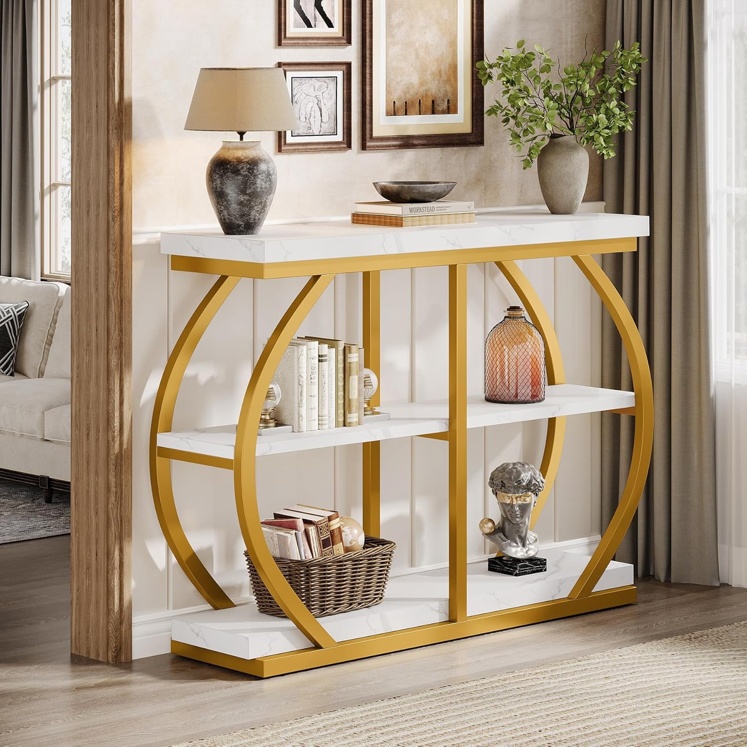 Tribesigns 41.3" Industrial Console Table: 3-Tier, Arched Metal Frame, Entryway Table with Storage Shelves, White & Gold