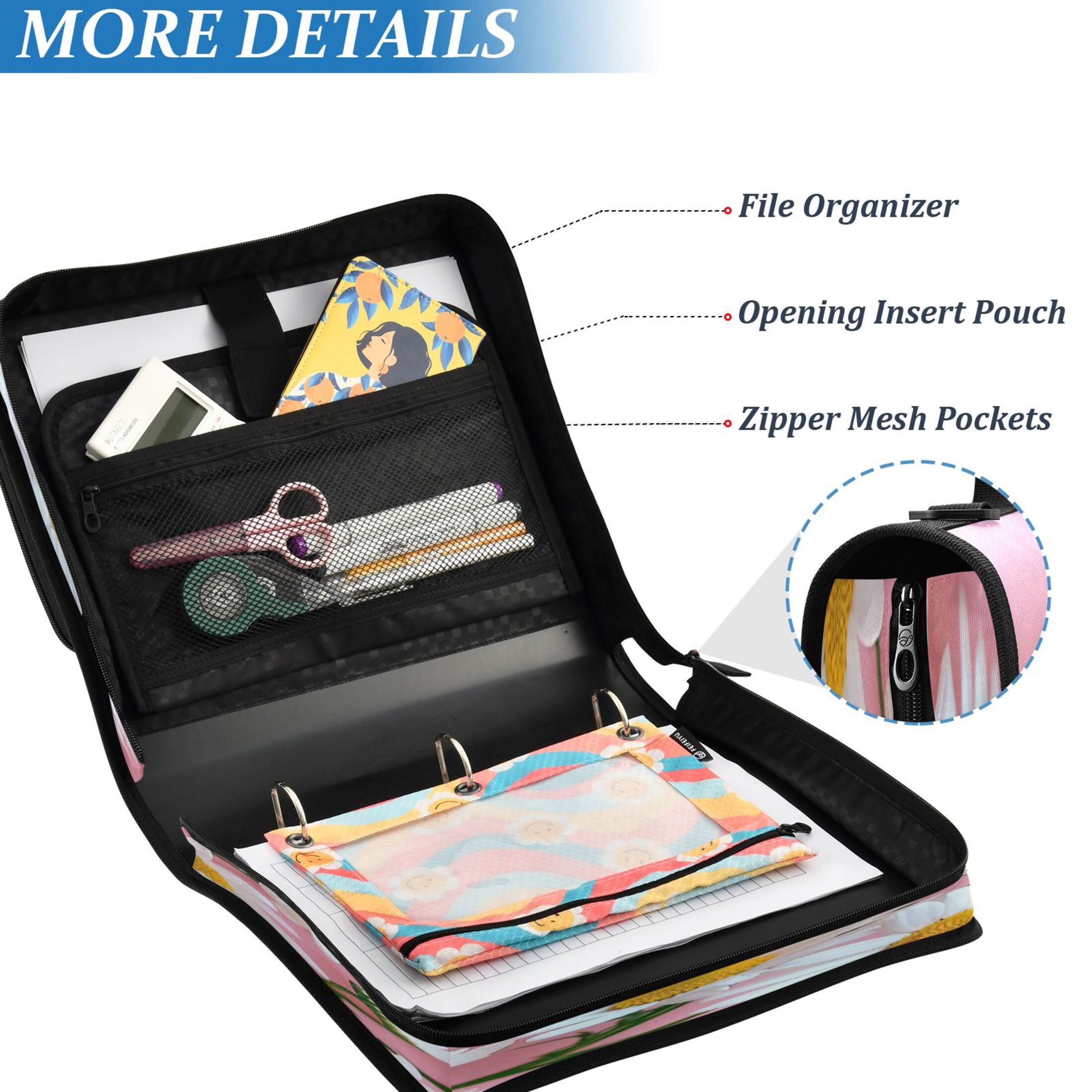DIXRUYEE Zipper Binder trapper keeper Documents Organized Design Summer Daisies Printed