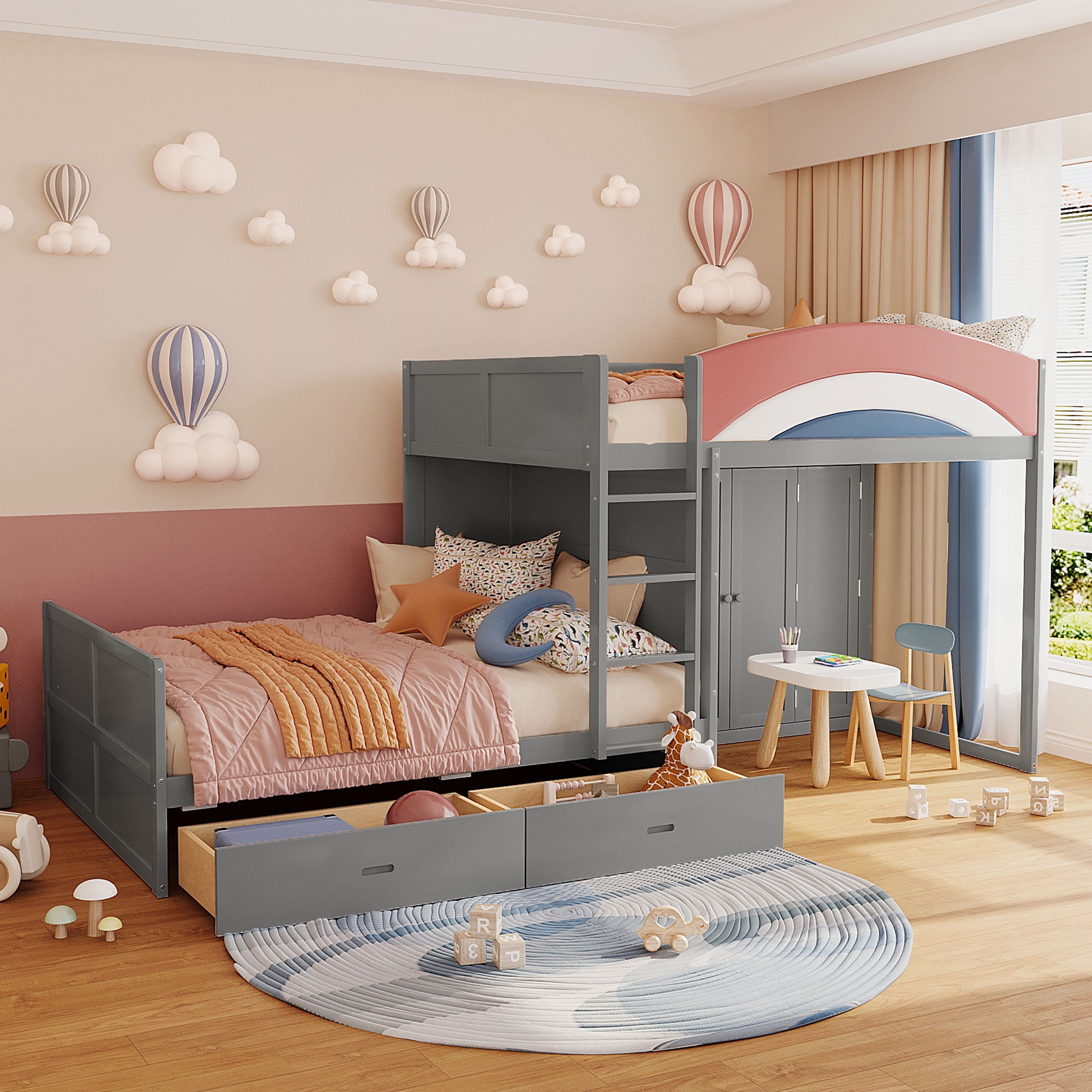 Mintazer Full Over Full Bunk Bed with Wardrobe & 2 Drawers, Platform Bed with Rainbow Guardrail for Kids Bedroom, Gray