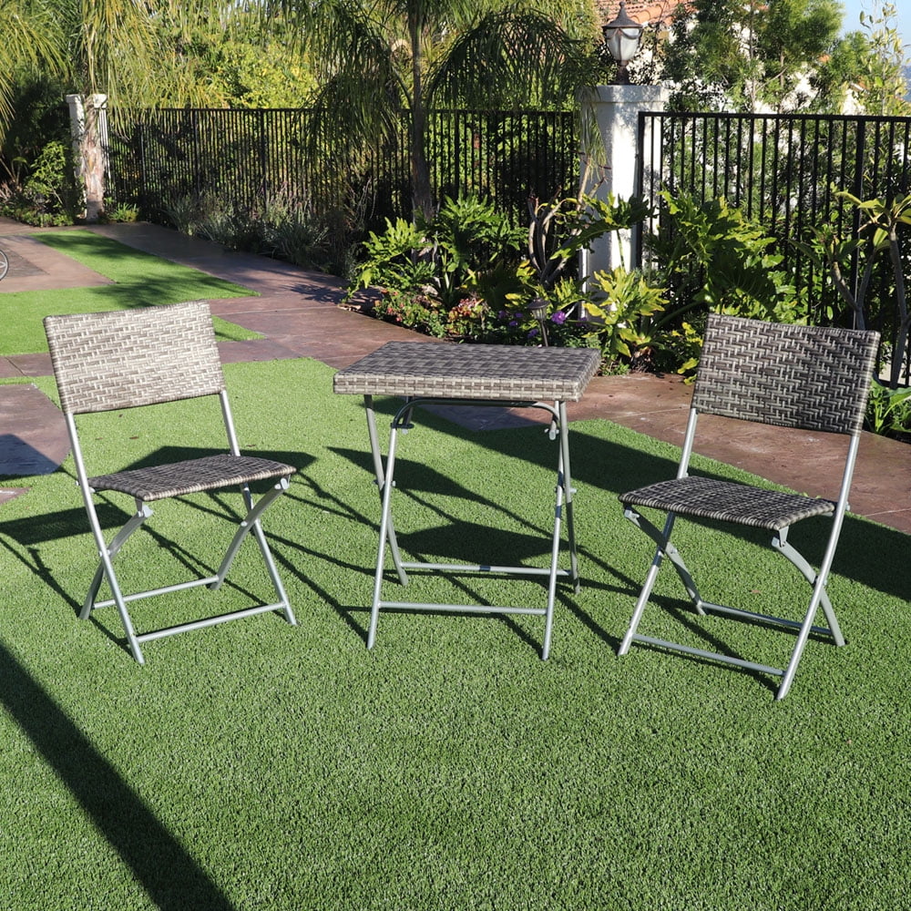 Abble 3pcs Outdoor Wicker Folding Set Patio Folding Chairs and Table Set for Garden - Gray