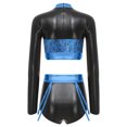 thumbnail image 4 of YiZYiF Womens 2 Piece Metallic Shiny Rave Outfits Long Sleeve Crop Top with Booty Shorts Clubwear Blue L, 4 of 6