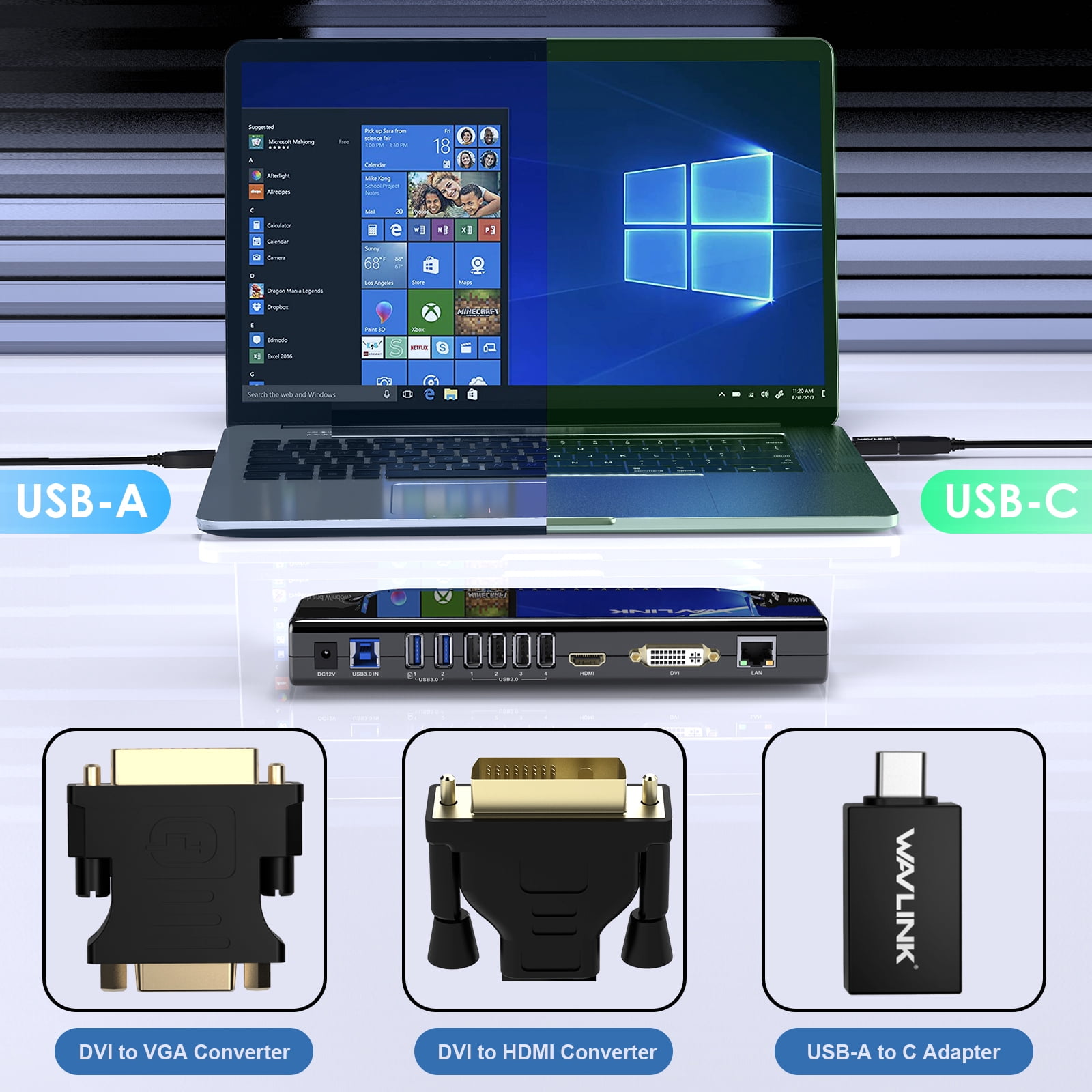 Wavlink USB 3.0 Universal Laptop Docking Station, Compatible with MacBook Neo 13-in-1 USB-C Hub Dual Monitor for Mac, Windows, Thunderbolt 3&4, USB4,  HDMI and DVI/VGA/HDMI, Gigabit Ethernet