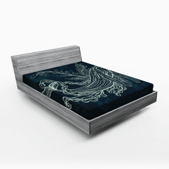 Ambesonne Whale Fitted Sheet, Doodle Coral Reef Seaweed, Full Size, Slate and Petrol Blue