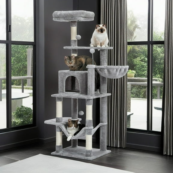 Demi Bonn 59" Cat Tree Tower for Indoor Cats, Plush Multi-Level Cat Condo with 6 Scratching Posts, Perches, Caves, Hammock, Gray