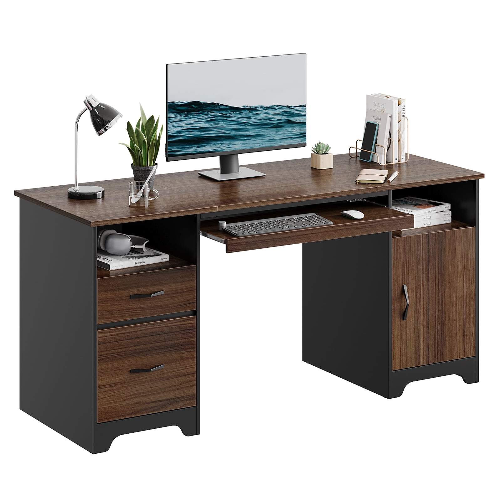 Bestier 59” Computer Desk with Drawers, Executive Desk with Storage Cabinet, Keyboard Tray for Home Office, Cherry