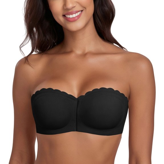 VISALY Strapless Front Closure Bra for Women Non Slip Padded Bandeau Bra Seamless Wirefree Underwear Strapless Bandeau Bralette Front Hook Padded Non Slip Seamless Push Up Tube Top Bra Black L