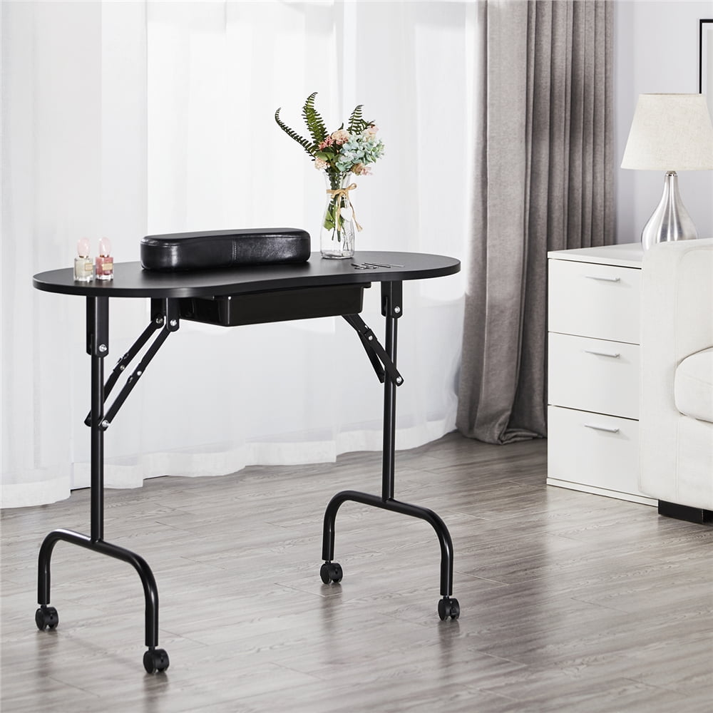 SmileMart Folding Manicure Table with Lockable Wheels and Bag, Black