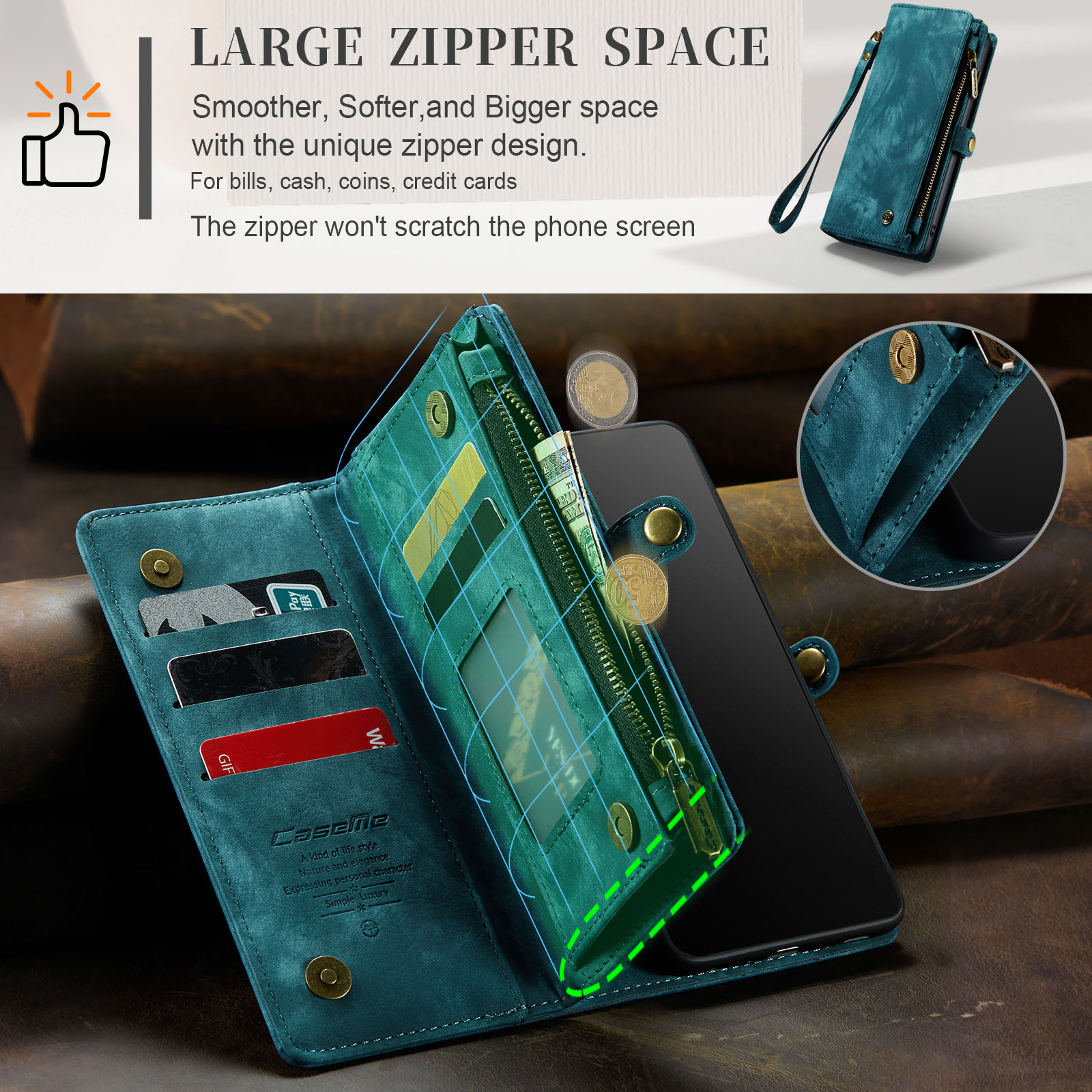 For Samsung Galaxy S10 Wallet Case,Multi-Functional Retro Leather Purse Flip Cover Zipper Wallet Case with Removable Card Slots Pocket & Detachable Wrist Strap Magnetic Phone Case, Green