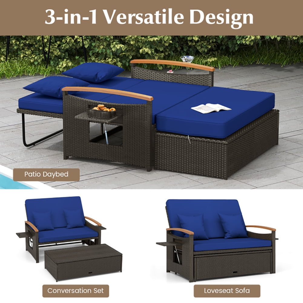 Aimee Lii Outdoor Wicker Daybed with Folding Panels and Storage Ottoman, Outdoor Patio Furniture, Navy