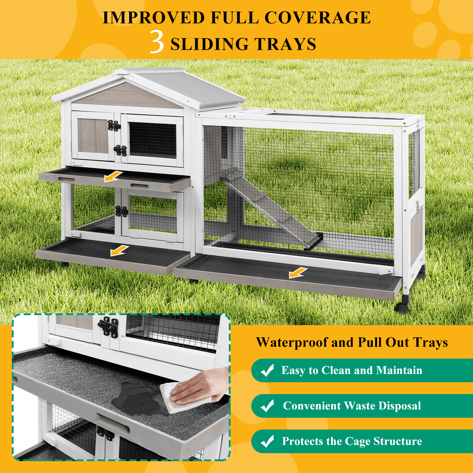 PETSCOSSET Small Animal Hutch, Indoor Outdoor Safe &Durable All-Climate Rabbit Hutch, Fir Wood Cage with Wheels