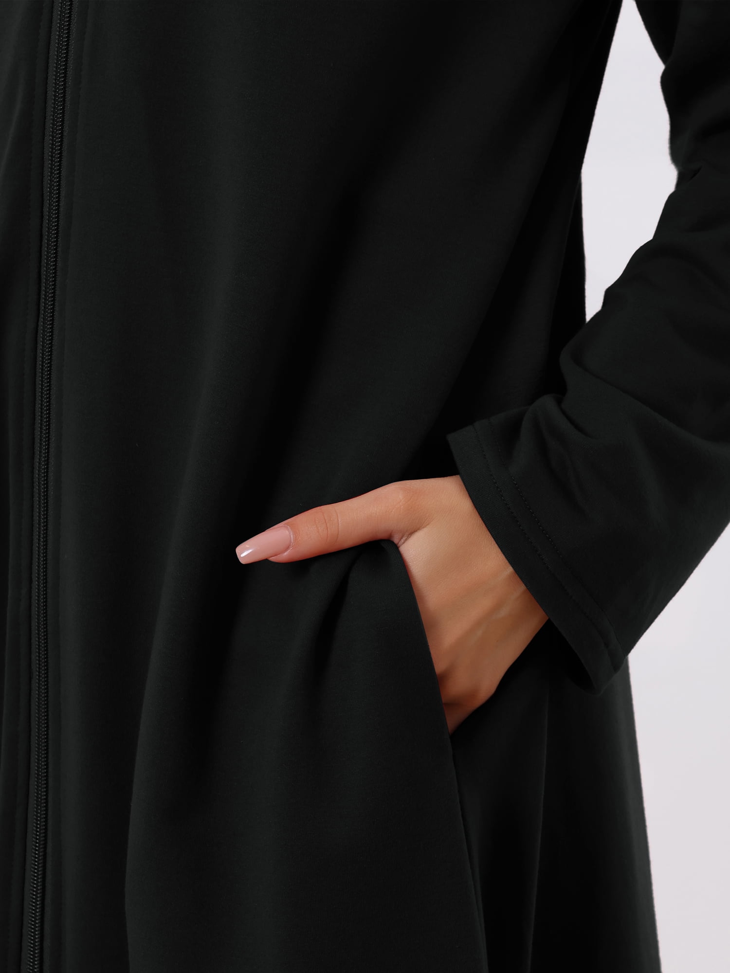 Unique Bargains Womens Robe Zip up Hooded House Dress Nightshirt Hoodie Long Bathrobe M Black