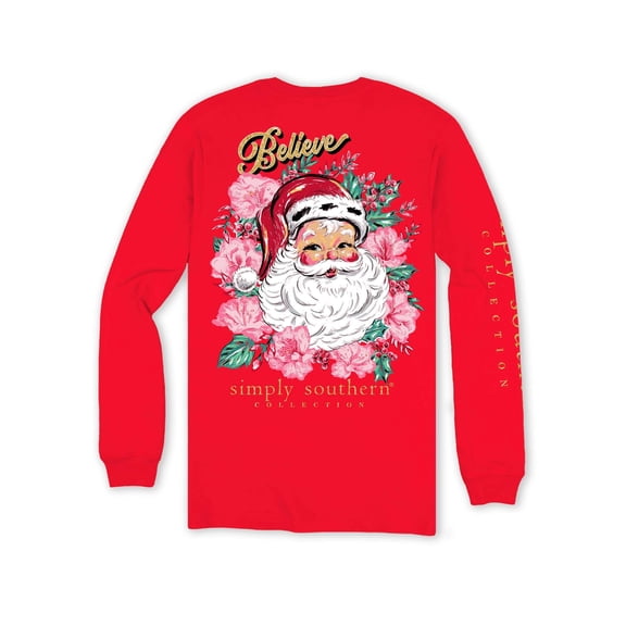 Simply Southern Believe - Floral Santa - Adult Long Sleeve (US, Alpha, Small, Regular, Regular, Red)