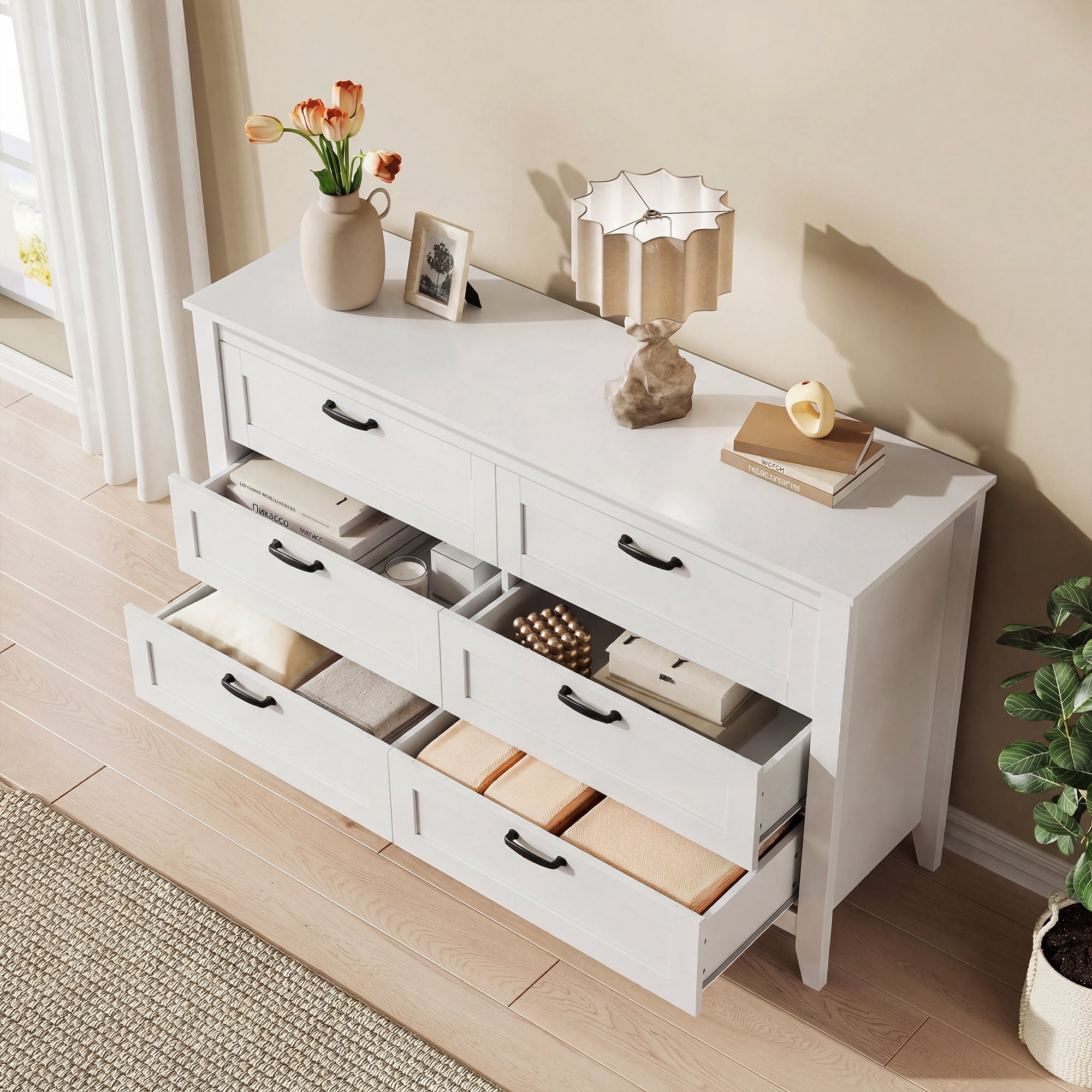 GALAXHERO 6-Drawer Double Wood Dresser - Farmhouse Chest of Drawers with Metal Handles for Bedroom, Living Room, Entryway, White