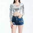 thumbnail image 4 of Hauts Métalliques pour Femmes 2026 Tendance Manches Longues Col en V T-Shirt Court Ajusté Y2K Sortie Tenues Rave, 4 of 8