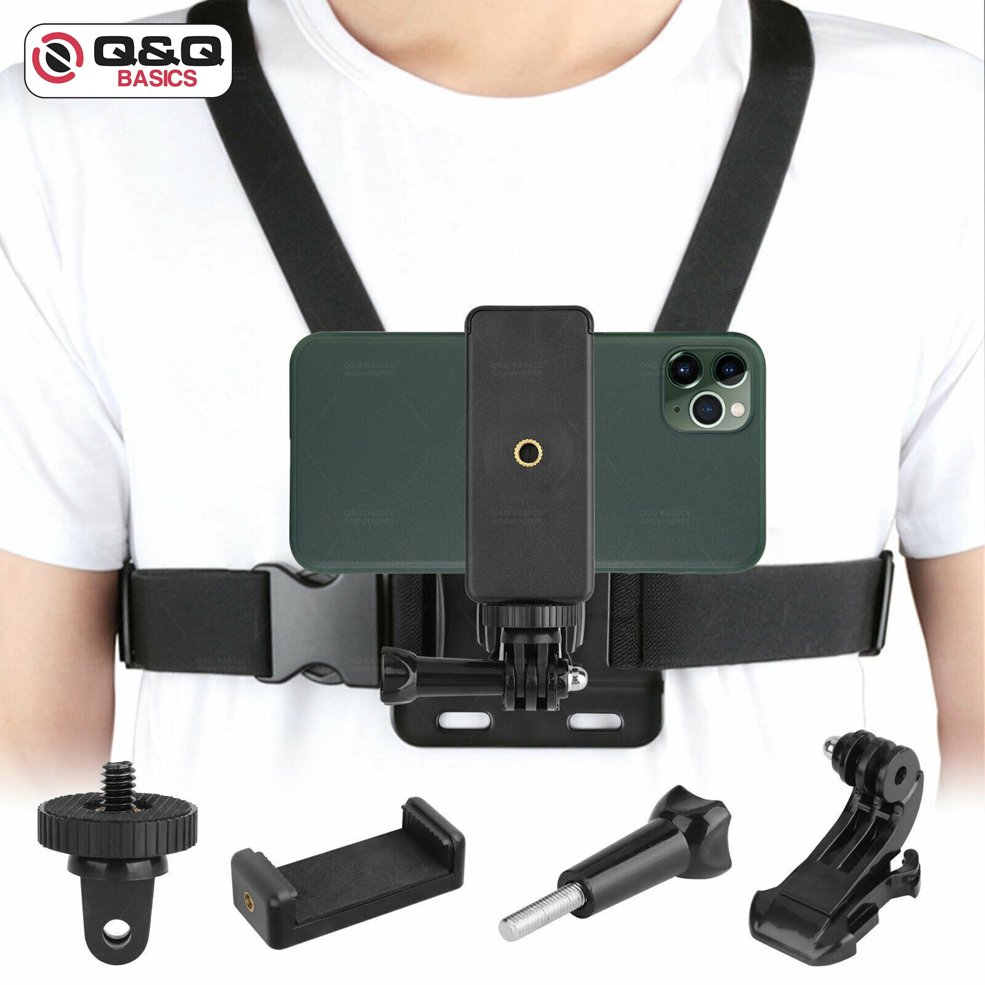 Q&Q BASICS Cell Phone Chest Mount Harness Vest Strap Clip Holder for POV/VLOG, Compatible with iPhone,Samsung, GoPro Hero, DJI Osmo, AKASO and Action Cameras
