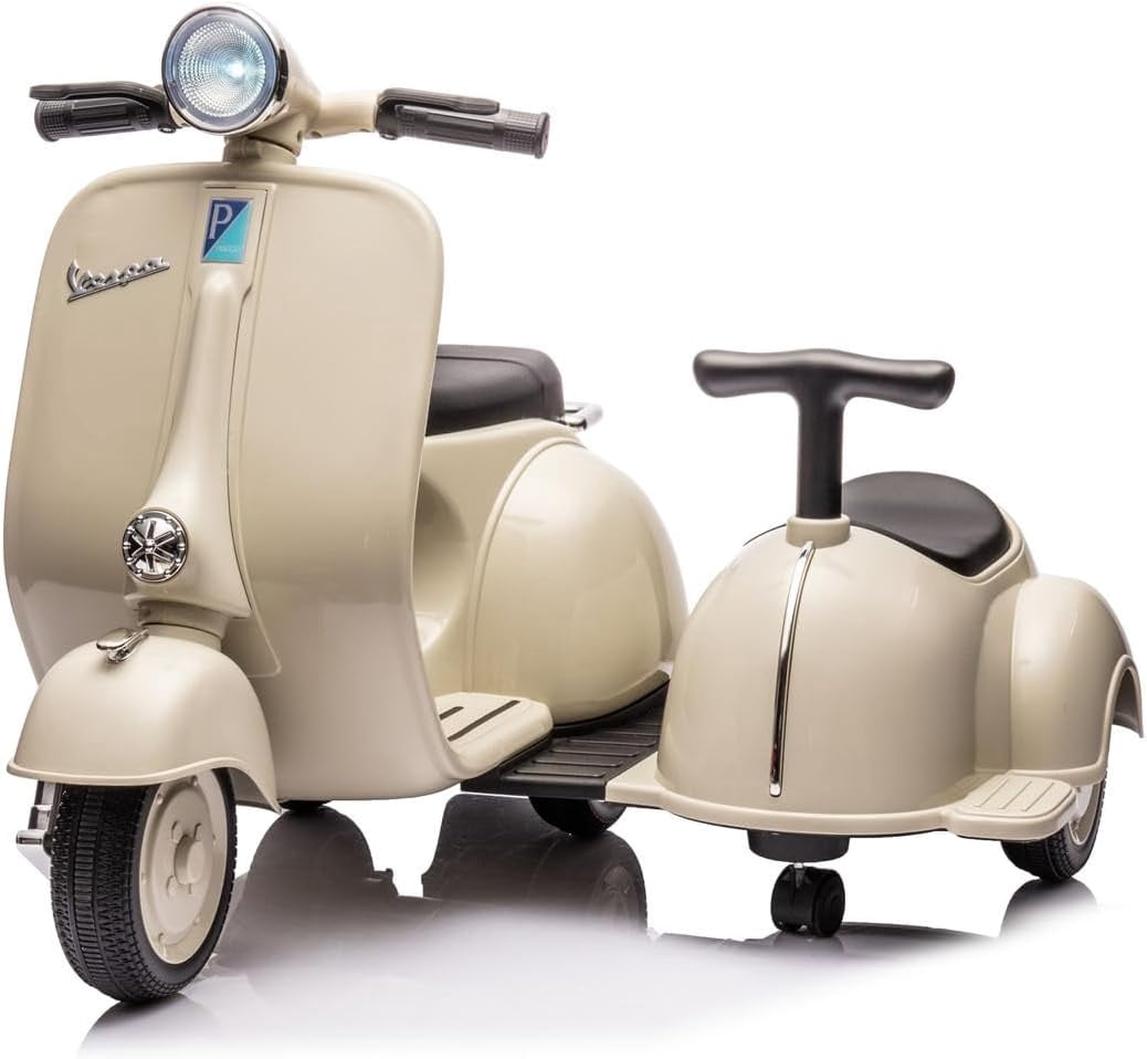 Licensed Vespa Electric Ride-On Motorcycle with Sidecar - 6V Electric Car for Boys and Girls - 2 Seater with Storage Bin, Headlights