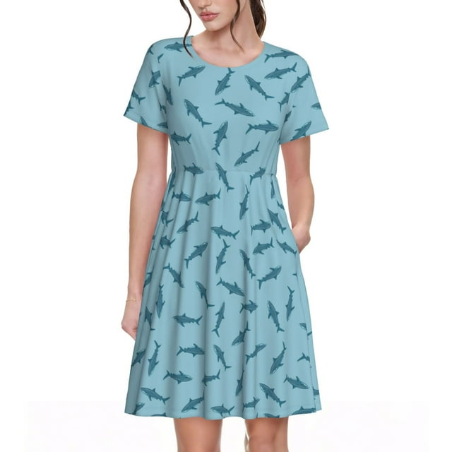 Daiia Robes Mignonnes à Imprimé Requin pour Femmes 2025 Robes Tendance à Manches Courtes Décontractées Amples et Fluides Maxi Robes de Soleil