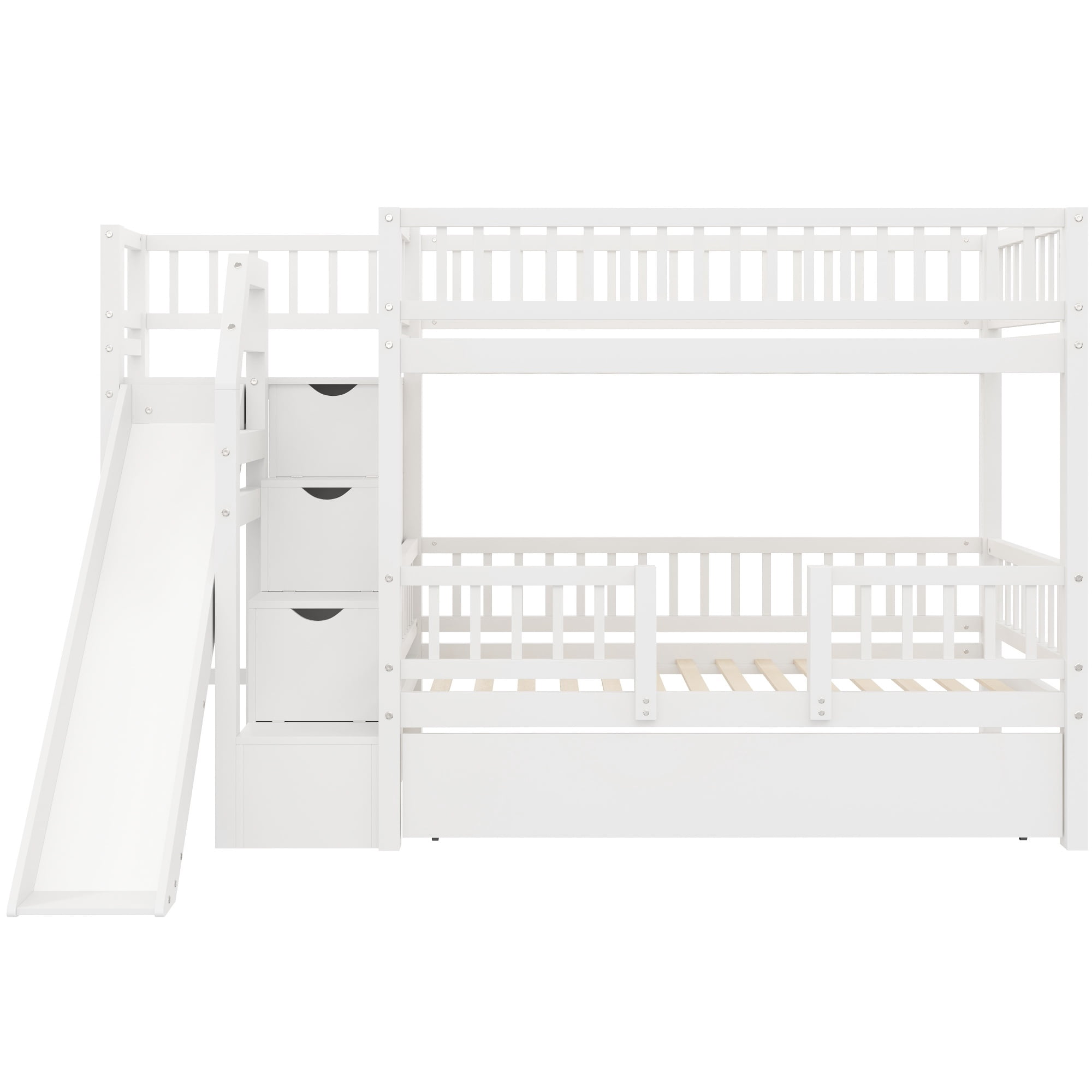 Euroco Wood Twin over Twin Bunk Bed with Trundle, 3 Beds in 1 with Storage Staircase and Slide, No Box Spring Needed, White