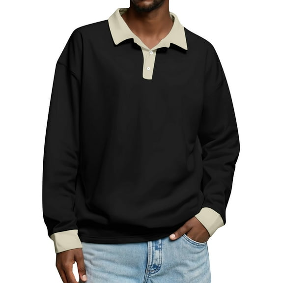 Men's Simple Casual Color-Blocked Button-Down Long Sleeve Polo Shirt for Modern Color Contrast, Stylish Casual Wear for Office and Daily Life,Beige,M