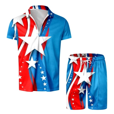 Ramiter 4th of July Outfits Men 2 Piece Patriotic USA Flag Print Pattern Tees Summer Casual Crewneck Top and Big and Tall Drawstring Shorts Sets Track Suits Sky Blue 3XL