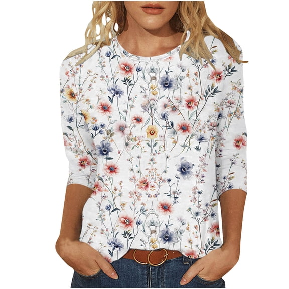 BangWanChi 3/4 Length Sleeve Womens Tops Women's Vintage Printed Round Neck 3/4 Sleeve T-shirt Loose Top