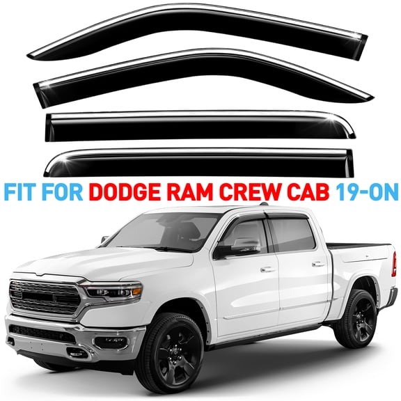 GrandWheel Co Window Deflectors Chrome Trim Tape-On Side Window Vent Visor Deflectors Smoke Tinted Rain Guards Compatible with Dodge Ram 1500 2019-2026 Crew Cab - 4pcs. GW0991