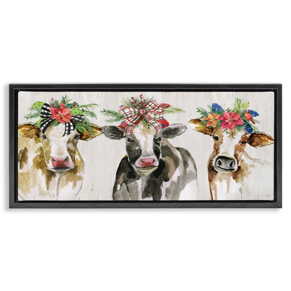 Stupell Industries Rustic Lodge Three Cows Seasonal Floral Crowns Black Floating Frame Canvas Art, 25 x 11, by Nan