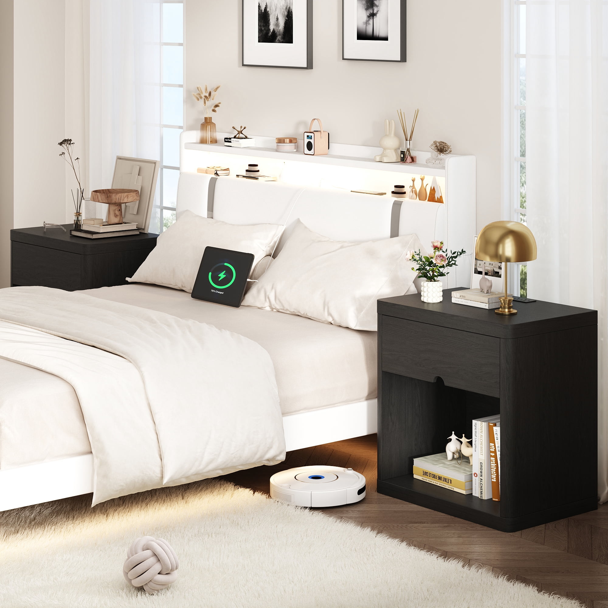 NEGYLIM 24" Wood Nightstand with USB Charging Station, Bedside Table with Safe Rounded Corners & Crescent Handles – Sturdy End Table for Bedroom, Living Room, Nursery (Black, 1-Piece)