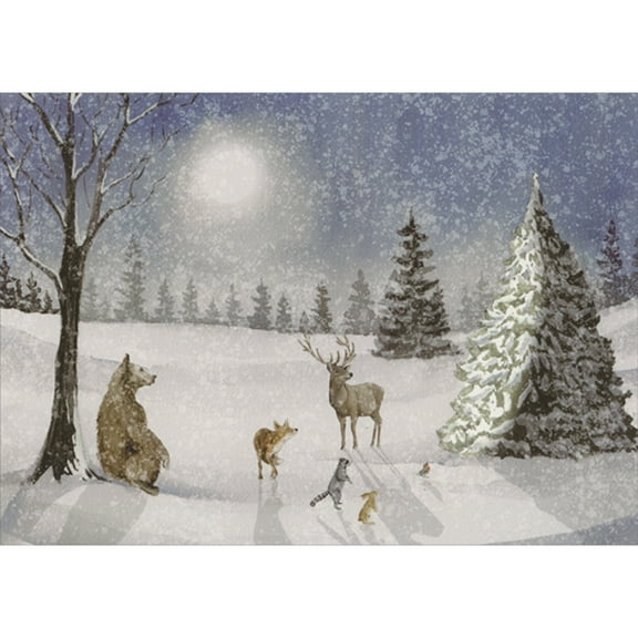 LPG Greetings Bear, Fox, Deer and Rabbit in Clearing Between Two Trees Deluxe Glitter Collection Box of 14 Christmas Cards