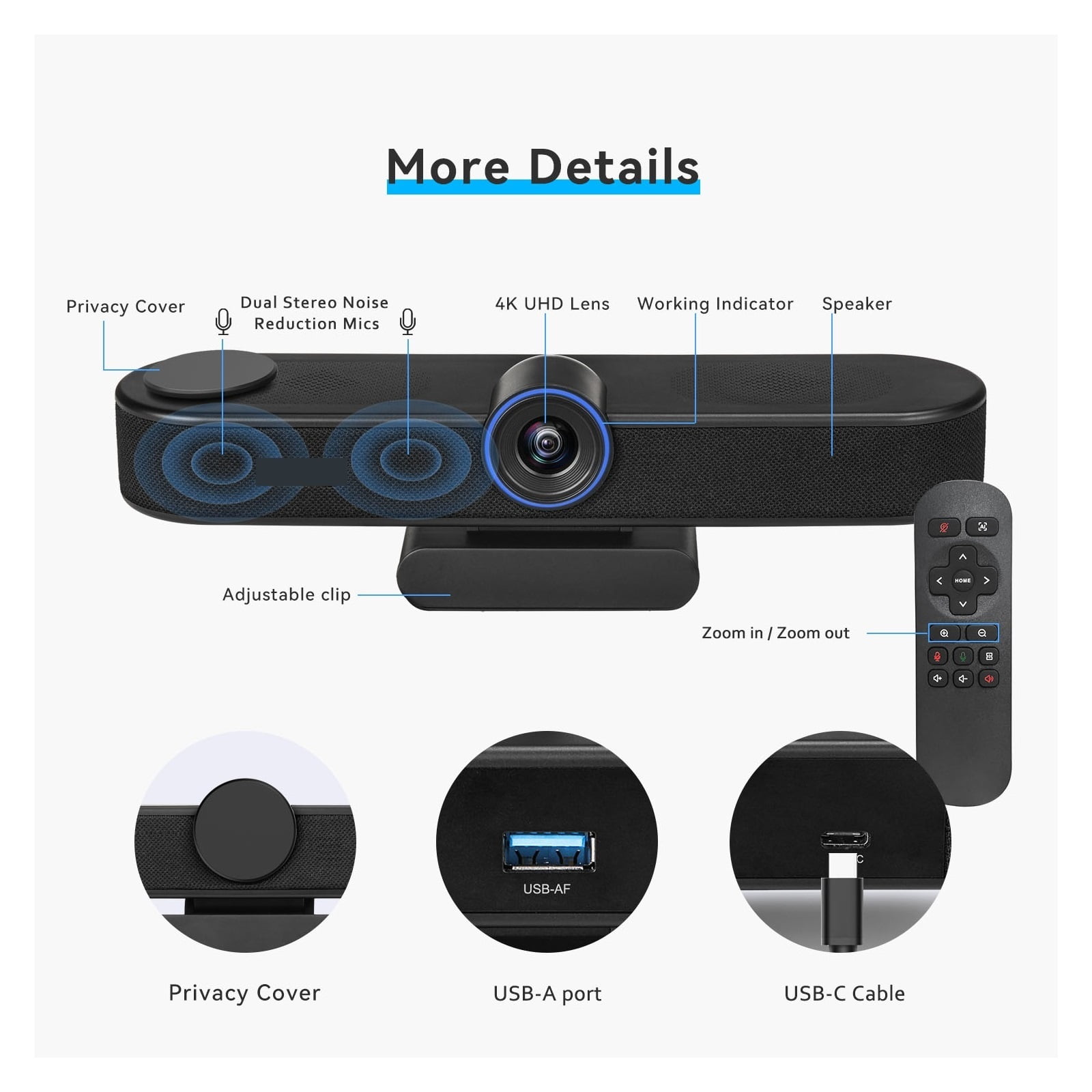 4K Ultra-Wide Angle Conference Webcam 8MP 5x Digital Zoom With Auto Framing USB PC Webcam Living Streaming ,HD Video