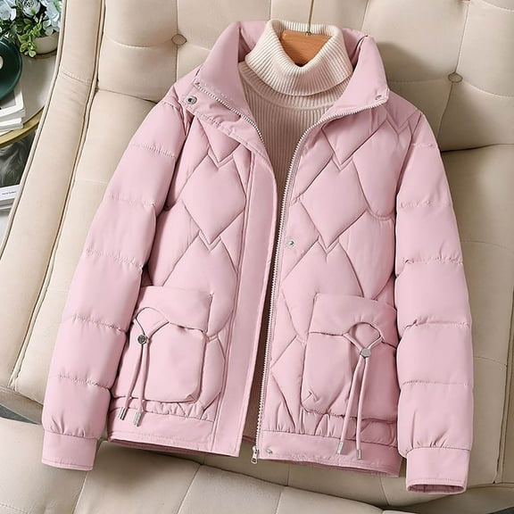 Itsame Puffer Jackets Womens Winter Coats Solid Color Casual Lapel Collar Cotton for Women Waterproof Jacket Pink Size 2XL