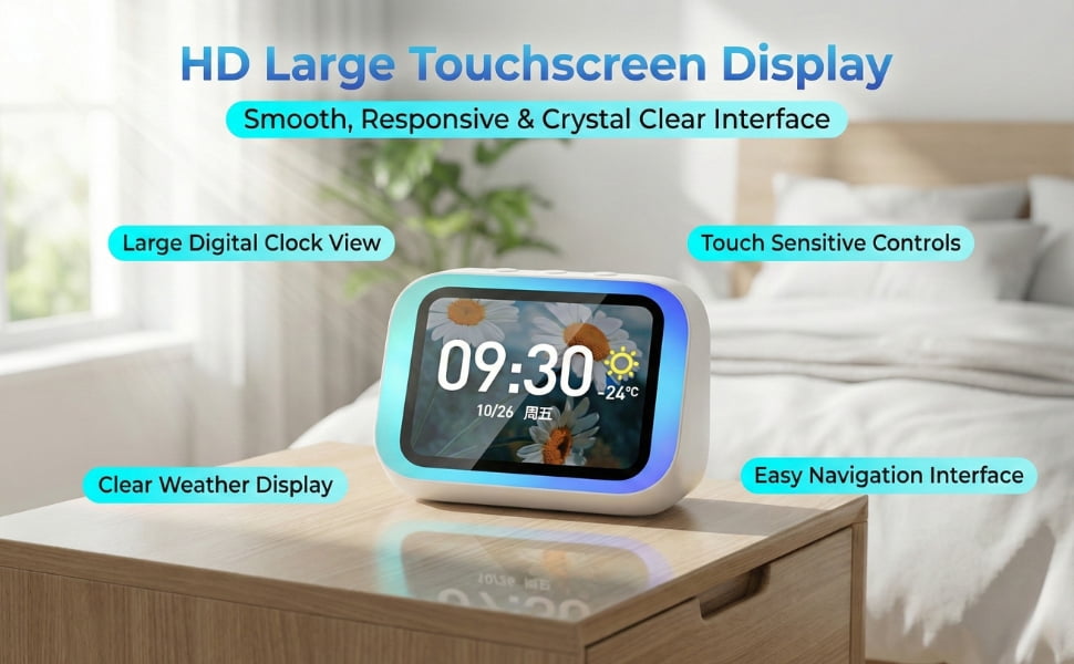 Smart Alarm Clock,Digital Alarm Clock for Bedroom with Wireless Bluetooth 5.4 Speaker,Dynamic RGB Light,Stereo Sound,Large Screen Display,Time&Weather Display,Hand-Free Calls,Great for Seniors,Kids