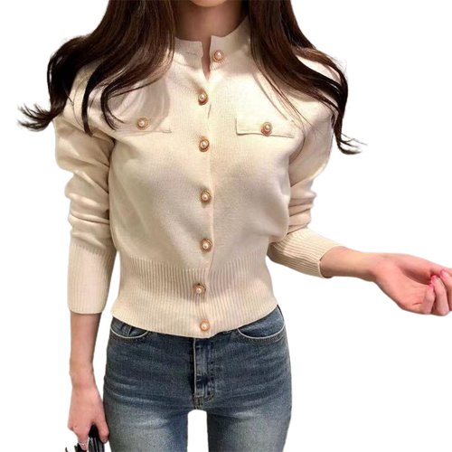 Skymirror Stand Collar Cardigan Sweater Decorative Pockets Women Faux Pearl Buttons Solid Color Knitted Coat Outerwear